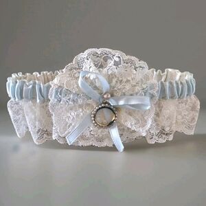Vtg Wedding Garter By Glamour Garters, Blue Ribbon, Orig. Note